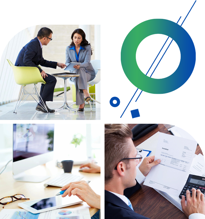 A collage of people working on paperwork and sitting at tables.